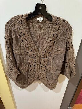 Pol Taupe Crochet-Trim Open Cardigan Sweater